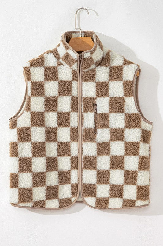 Women Khaki Checkered Sherpa Zipper Stand Collar Jacket Vest Zarnesh