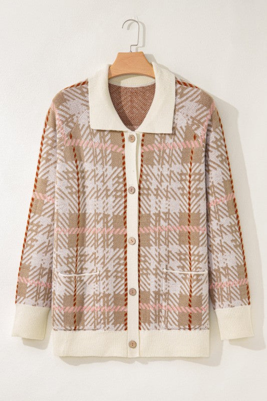 Women’s Plus Size Button Front Plaid Ribbed Trim Cardigan | Zarnesh