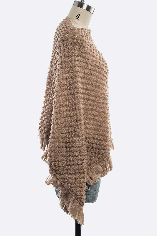 Women's Khaki Popcorn Open Knit Fringe Poncho | Zarnesh