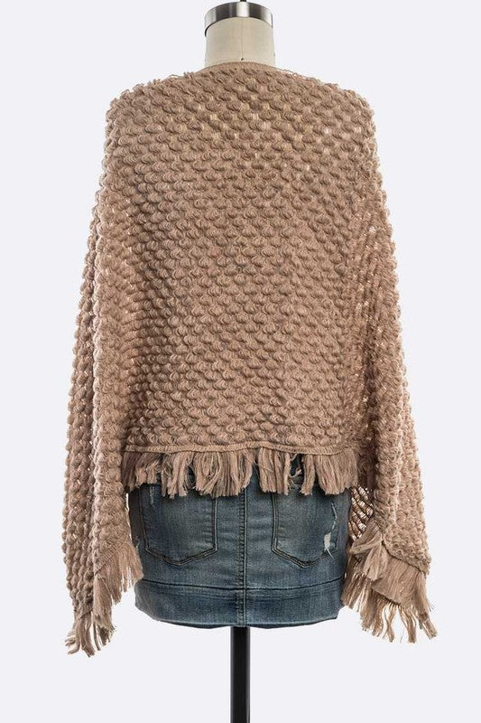Women's Khaki Popcorn Open Knit Fringe Poncho | Zarnesh