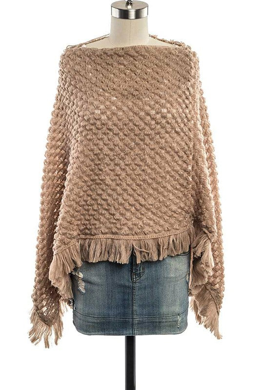 Women's Khaki Popcorn Open Knit Fringe Poncho | Zarnesh
