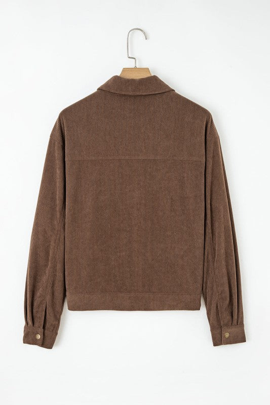 Women’s Solid Corduroy Zip-Up Lapel Collar Buttoned Jacket | Zarnesh