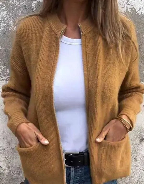 Women’s Knit Open Front Double Zipper Cardigan with Pockets | Zarnesh