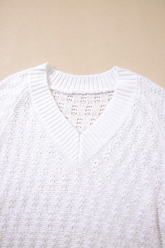 Women's Knit Ribbed Edge Textured V-Neck Drop Shoulder Sweater | Zarnesh