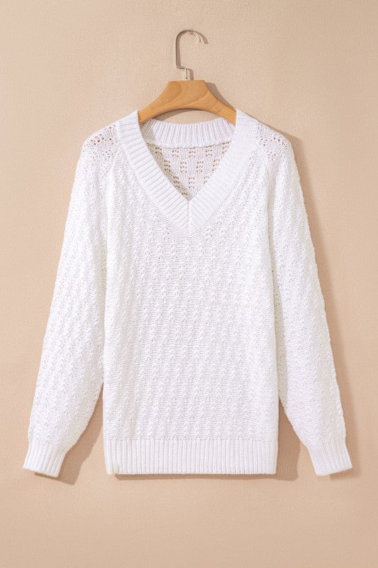 Women's Knit Ribbed Edge Textured V-Neck Drop Shoulder Sweater | Zarnesh