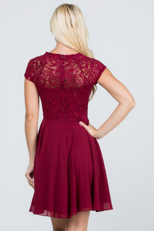 Women's Lace Sequin Rhinestone Waist Cape Sleeve Flare Dress | Zarnesh