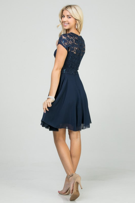 Women's Lace Sequin Rhinestone Waist Cape Sleeve Flare Dress | Zarnesh