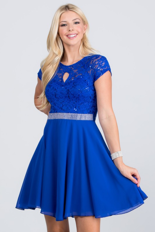 Women's Lace Sequin Rhinestone Waist Cape Sleeve Flare Dress | Zarnesh