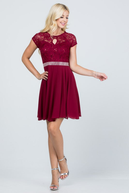 Women's Lace Sequin Rhinestone Waist Cape Sleeve Flare Dress | Zarnesh