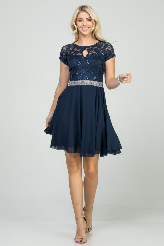 Women's Lace Sequin Rhinestone Waist Cape Sleeve Flare Dress | Zarnesh