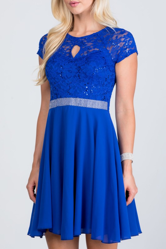 Women's Lace Sequin Rhinestone Waist Cape Sleeve Flare Dress | Zarnesh