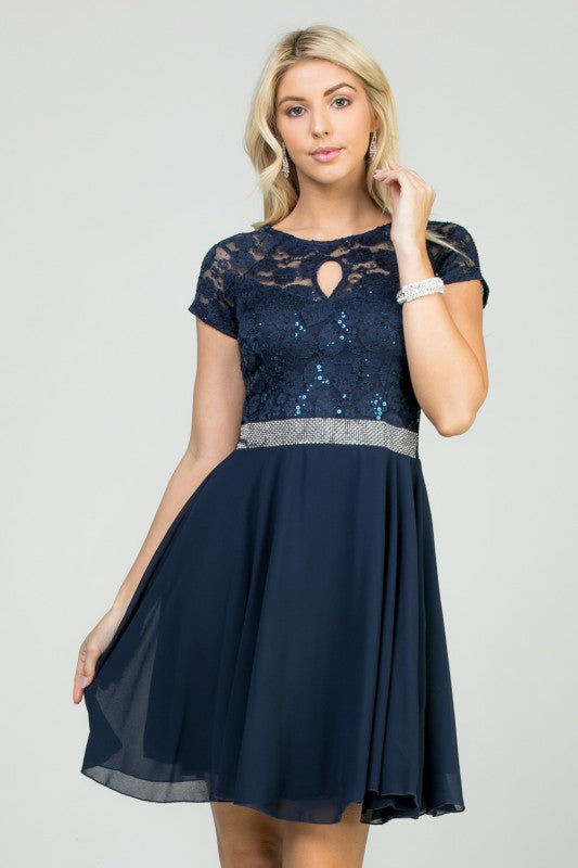 Women's Lace Sequin Rhinestone Waist Cape Sleeve Flare Dress | Zarnesh