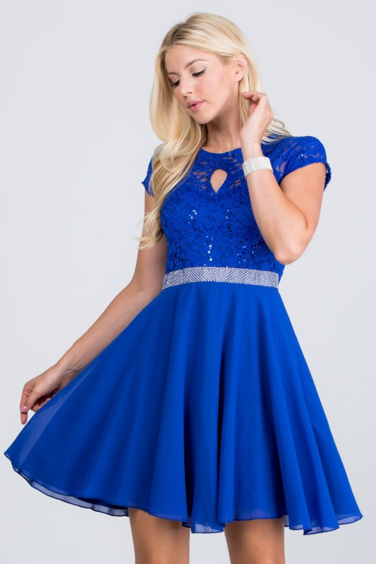 Women's Lace Sequin Rhinestone Waist Cape Sleeve Flare Dress | Zarnesh