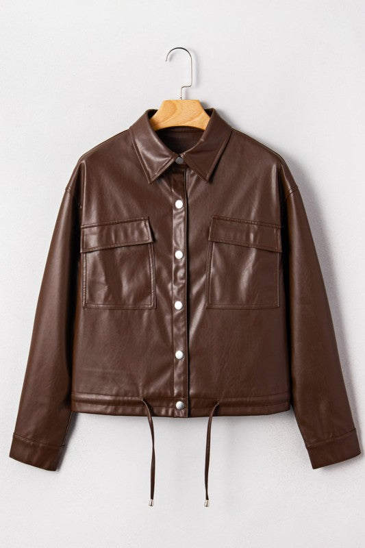Women’s Leather Drawstring Faux Hem Pocketed Jacket | Zarnesh