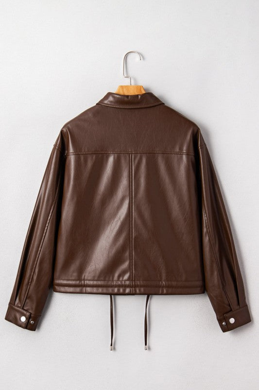 Women’s Leather Drawstring Faux Hem Pocketed Jacket | Zarnesh