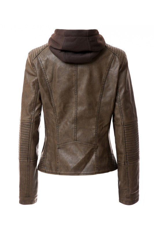 Women's Leather Faux Jacket Zip-Up Biker Hoodie Jacket | Zarnesh