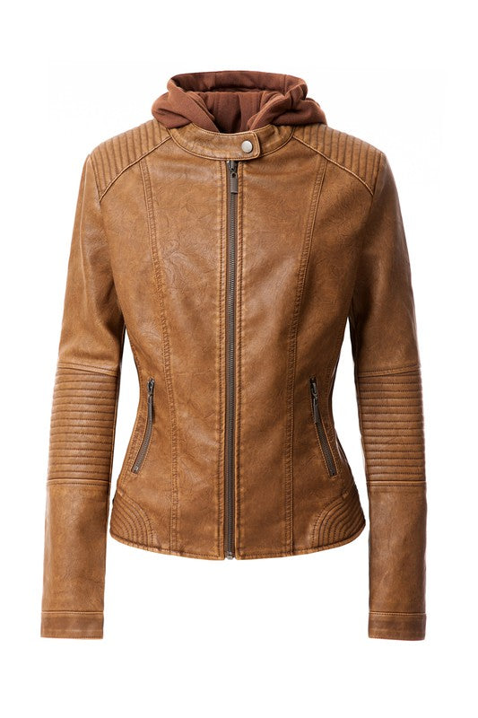Women's Leather Faux Jacket Zip-Up Biker Hoodie Jacket | Zarnesh