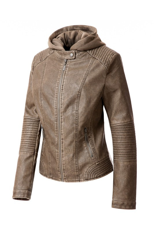 Women's Leather Faux Jacket Zip-Up Biker Hoodie Jacket | Zarnesh