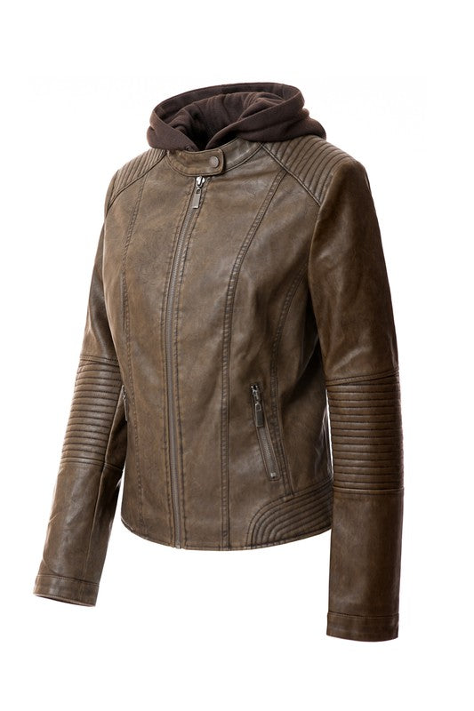 Women's Leather Faux Jacket Zip-Up Biker Hoodie Jacket | Zarnesh