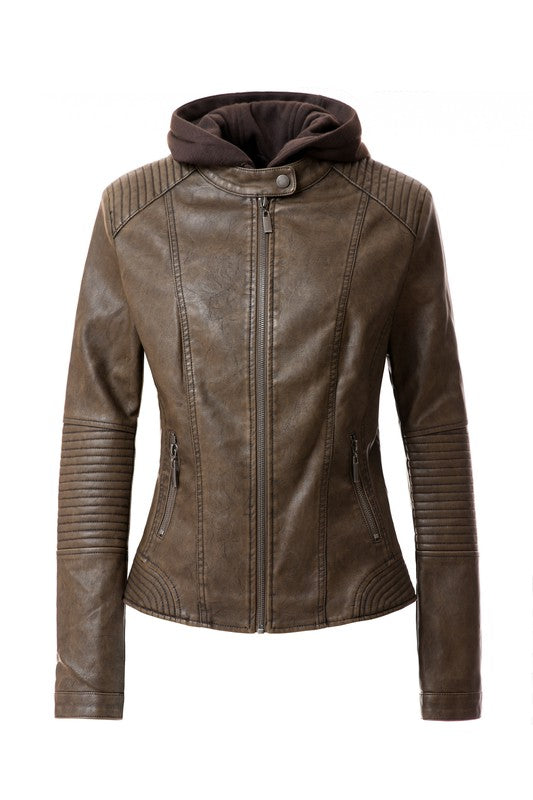 Women's Leather Faux Jacket Zip-Up Biker Hoodie Jacket | Zarnesh