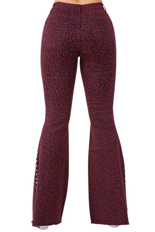 Women’s Leopard Studded Stretch Denim Bell Bottom Pants Jeans | Zarnesh