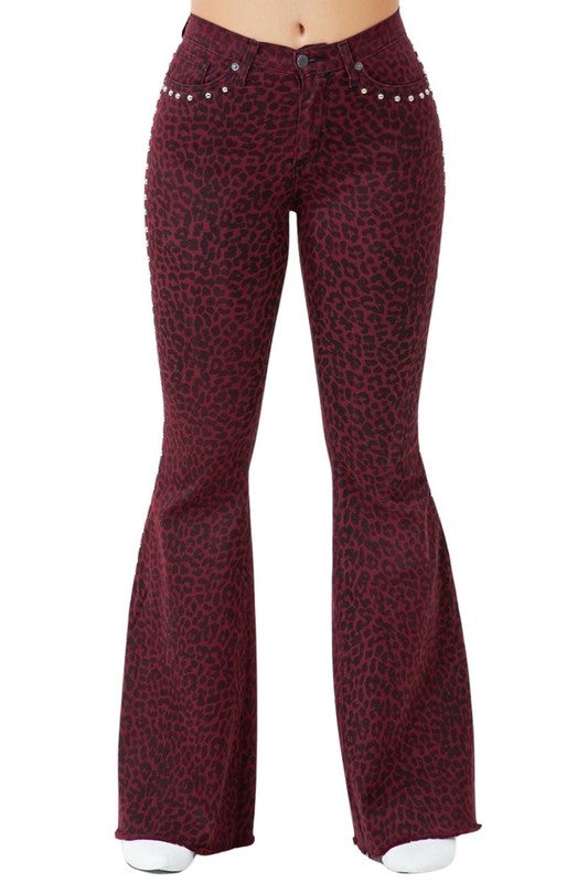 Women’s Leopard Studded Stretch Denim Bell Bottom Pants Jeans | Zarnesh