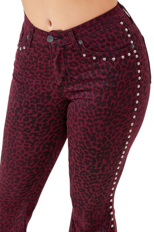 Women’s Leopard Studded Stretch Denim Bell Bottom Pants Jeans | Zarnesh
