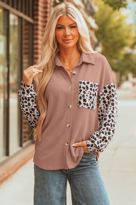 Women’s Leopard Western Corded Knit Patchwork Shacket | Zarnesh