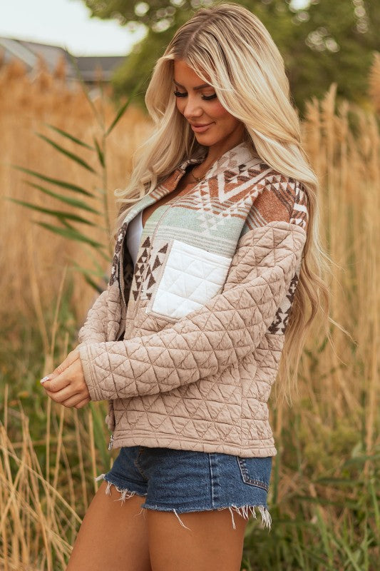 Women’s Aztec Quilted Front Zip Patchwork Jacket | Zarnesh