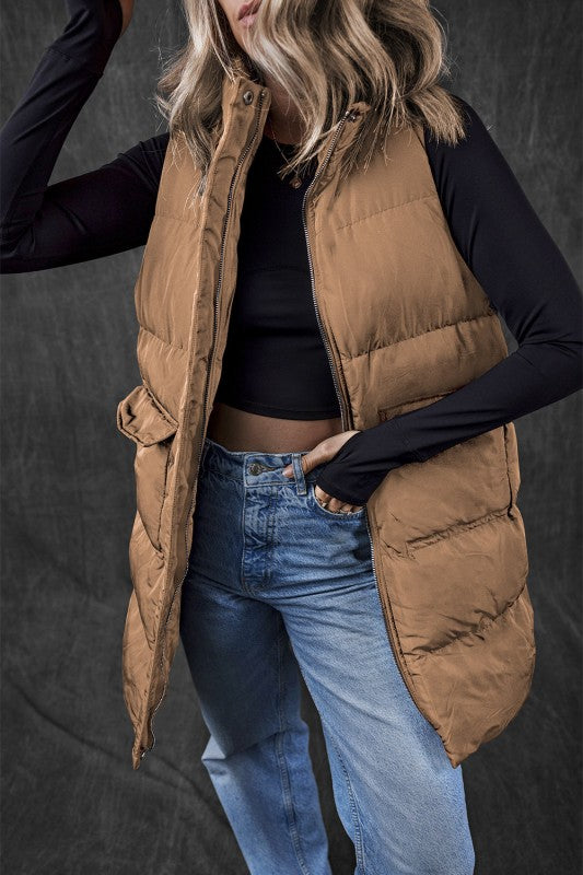 Women’s Long Puffer Quilted Solid Zip Up Vest | Zarnesh