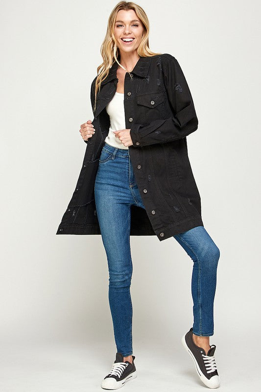 Women’s Long Denim 3/4 Quarter Distressed Jacket | Zarnesh