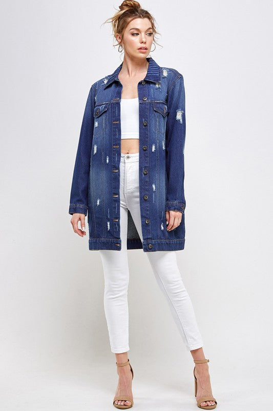 Women’s Long Denim 3/4 Quarter Distressed Jacket | Zarnesh