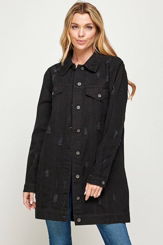 Women’s Long Denim 3/4 Quarter Distressed Jacket | Zarnesh