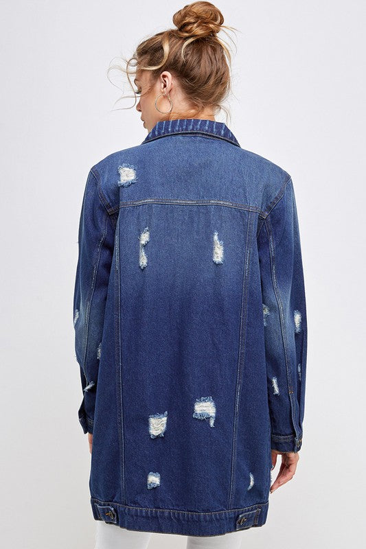 Women’s Long Denim 3/4 Quarter Distressed Jacket | Zarnesh