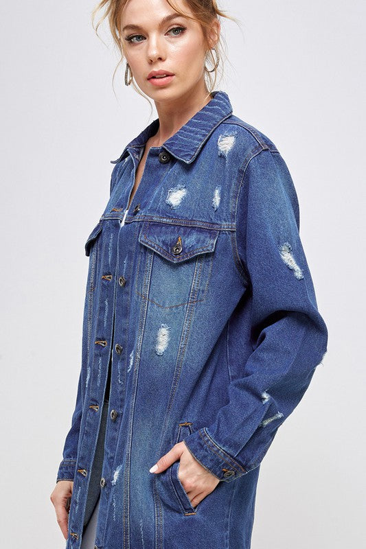 Women’s Long Denim 3/4 Quarter Distressed Jacket | Zarnesh