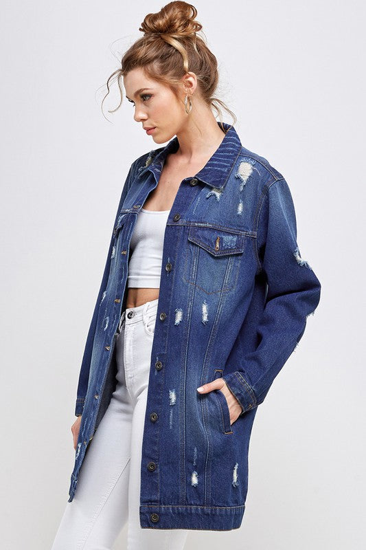 Women’s Long Denim 3/4 Quarter Distressed Jacket | Zarnesh