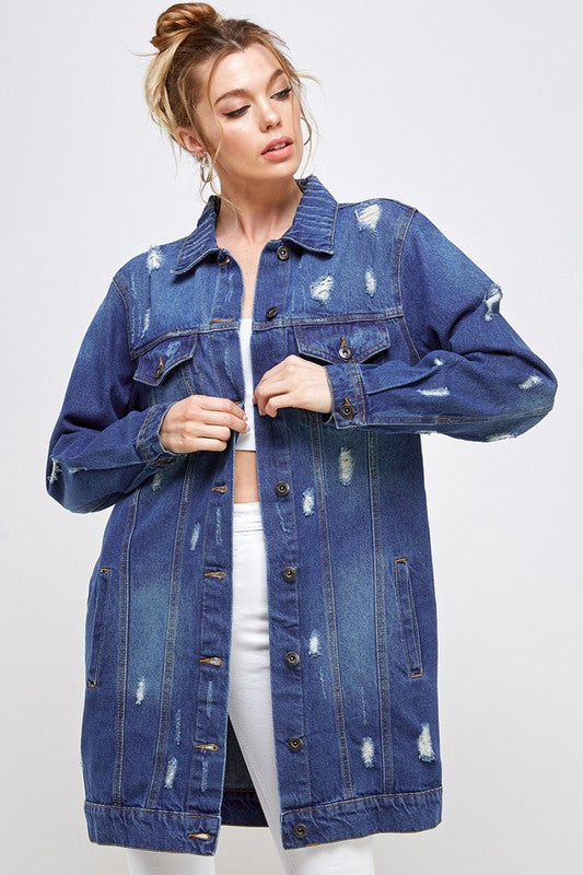 Women’s Long Denim 3/4 Quarter Distressed Jacket | Zarnesh