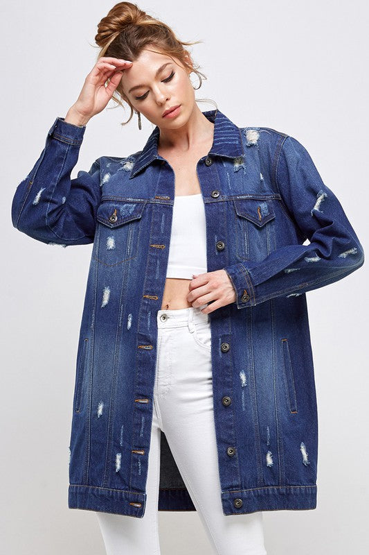 Women’s Long Denim 3/4 Quarter Distressed Jacket | Zarnesh