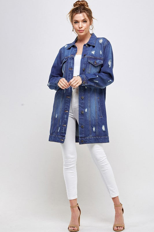 Women’s Long Denim 3/4 Quarter Distressed Jacket | Zarnesh