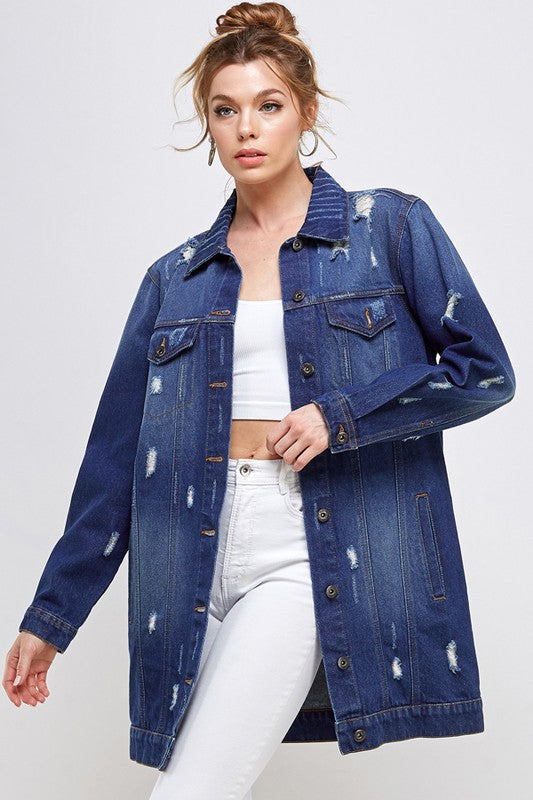 Women’s Long Denim 3/4 Quarter Distressed Jacket | Zarnesh
