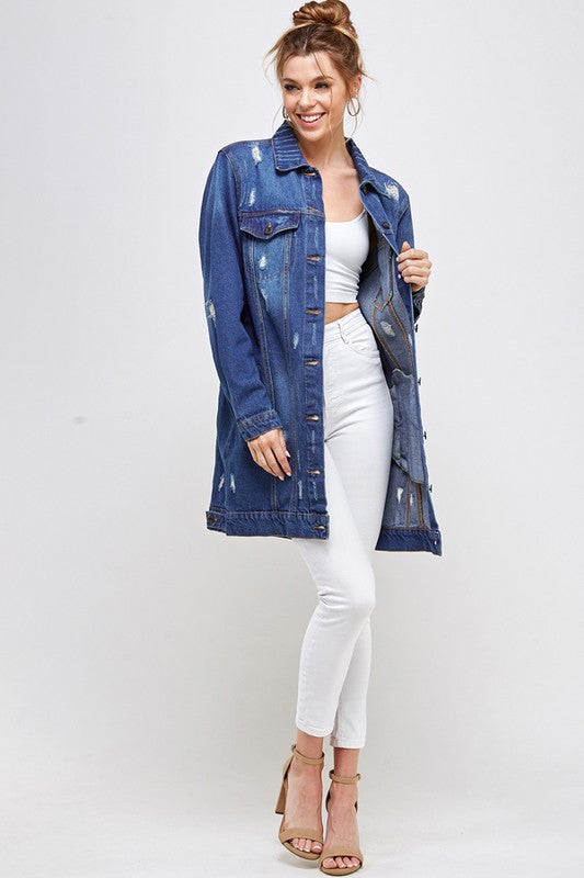 Women’s Long Denim 3/4 Quarter Distressed Jacket | Zarnesh