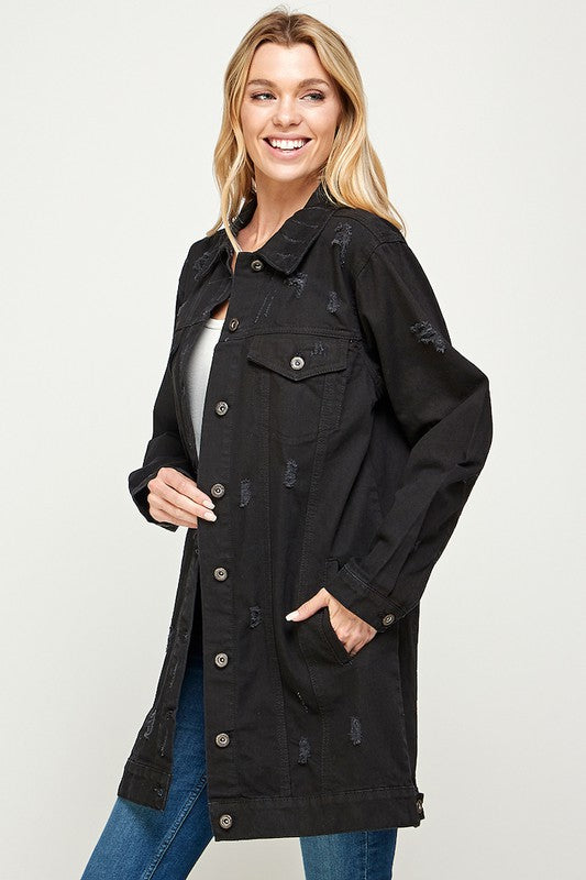 Women’s Long Denim 3/4 Quarter Distressed Jacket | Zarnesh