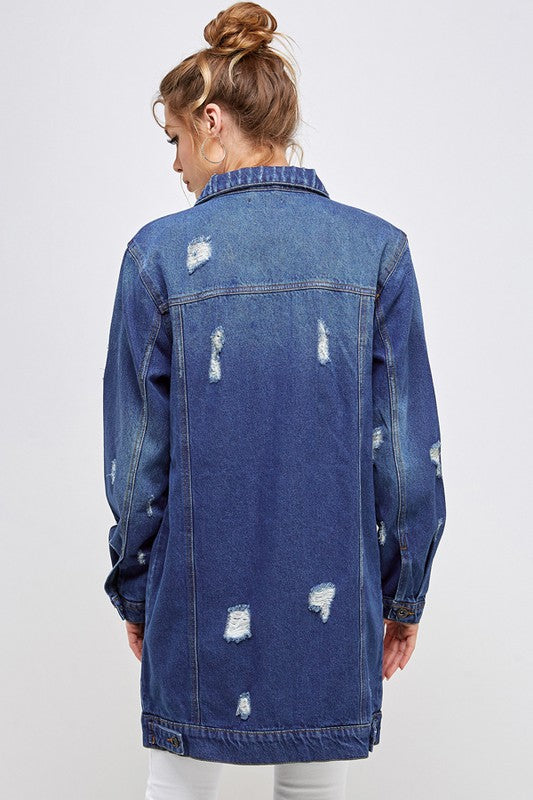 Women’s Long Denim 3/4 Quarter Distressed Jacket | Zarnesh