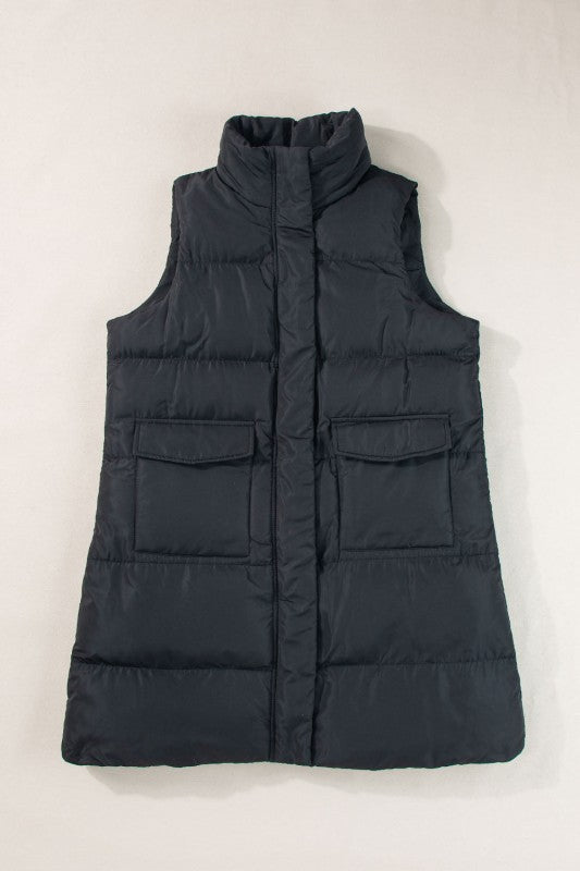 Women’s Long Puffer Quilted Solid Zip Up Vest | Zarnesh