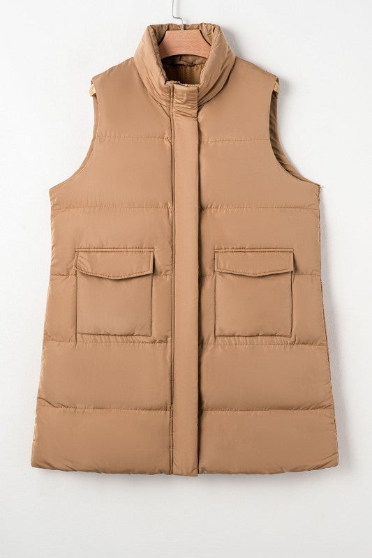 Women’s Long Puffer Quilted Solid Zip Up Vest | Zarnesh