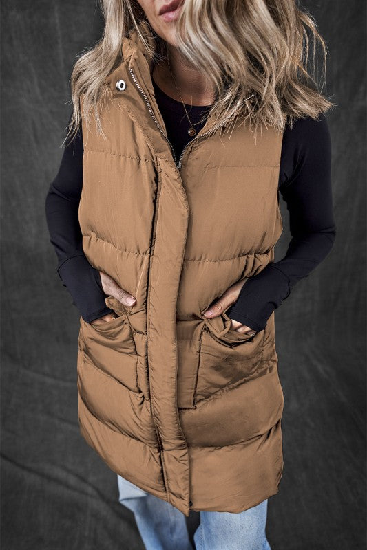 Women’s Long Puffer Quilted Solid Zip Up Vest | Zarnesh