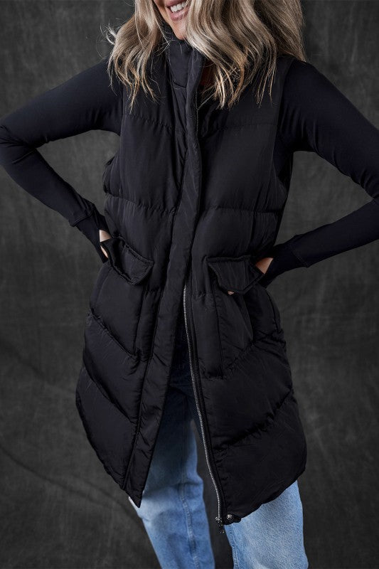 Women’s Long Puffer Quilted Solid Zip Up Vest | Zarnesh