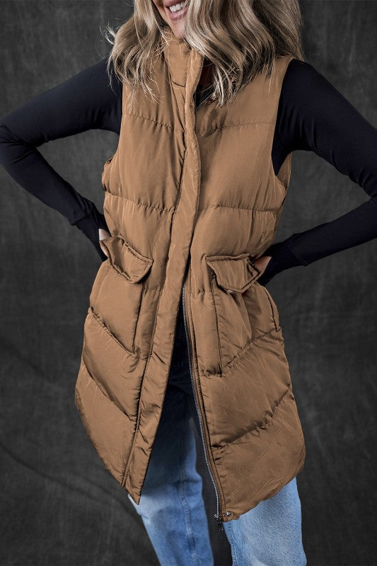 Women’s Long Puffer Quilted Solid Zip Up Vest | Zarnesh