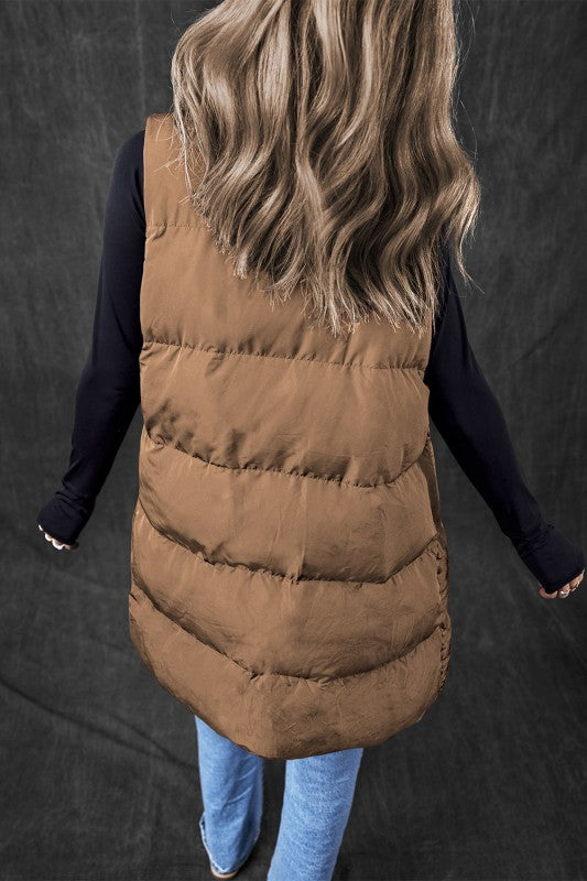 Women’s Long Puffer Quilted Solid Zip Up Vest | Zarnesh