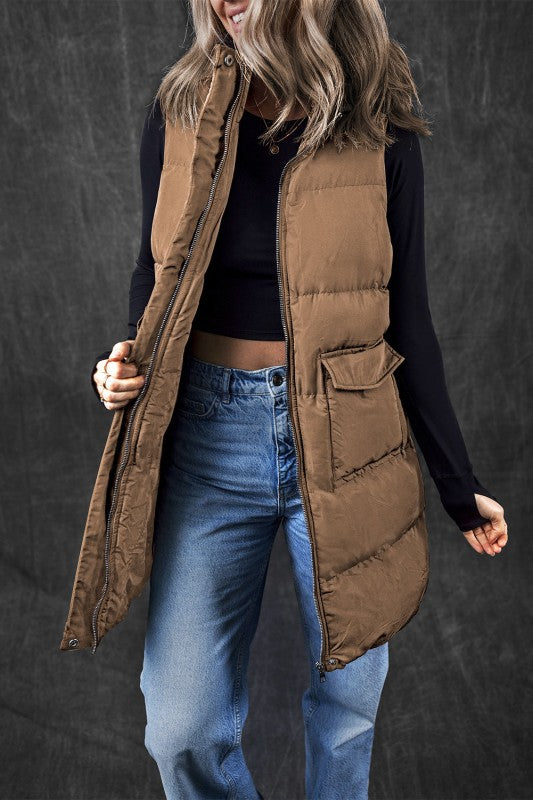 Women’s Long Puffer Quilted Solid Zip Up Vest | Zarnesh
